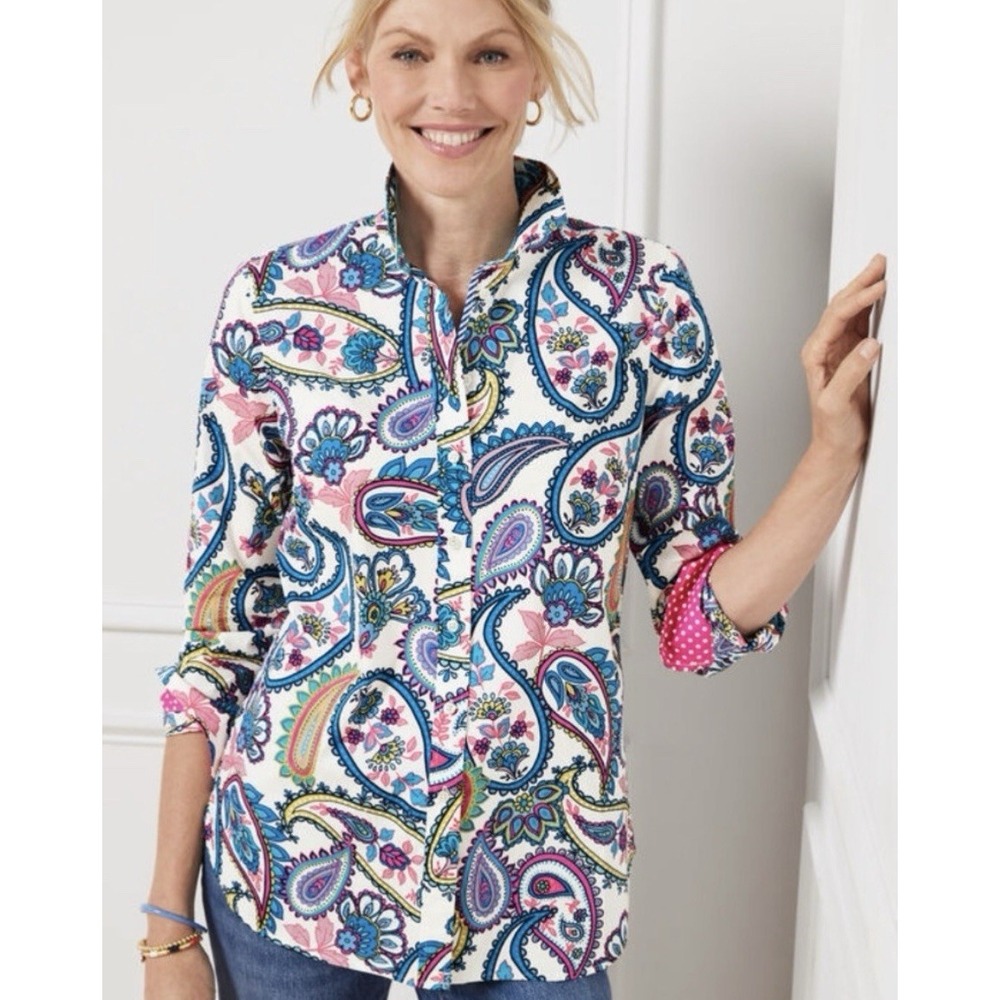 Talbots Classic Cotton White Blossom  Paisley Button Front Shirt‎ Women's Large - Picture 2 of 12